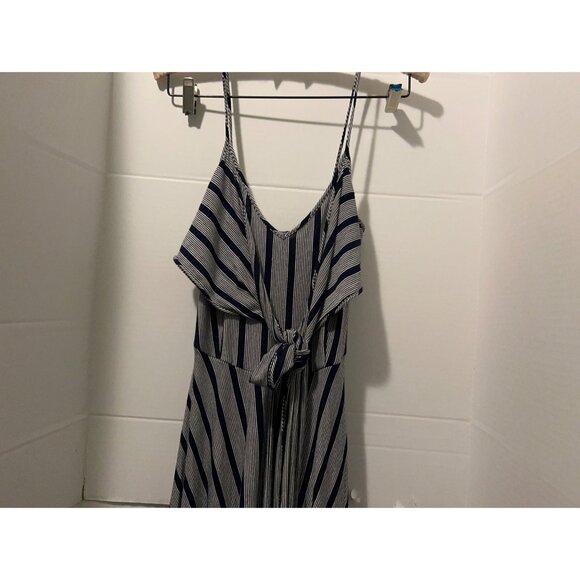 Alya Navy White Striped Maxi Dress M Handkerchief Hem Tie Front Spaghetti Strap - Picture 2 of 10